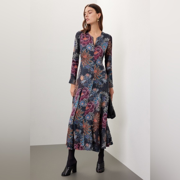 FARM Rio Dresses & Skirts - FARM Rio Blue Floral Dot Print Satin Maxi Dress - Long Sleeve, Size S